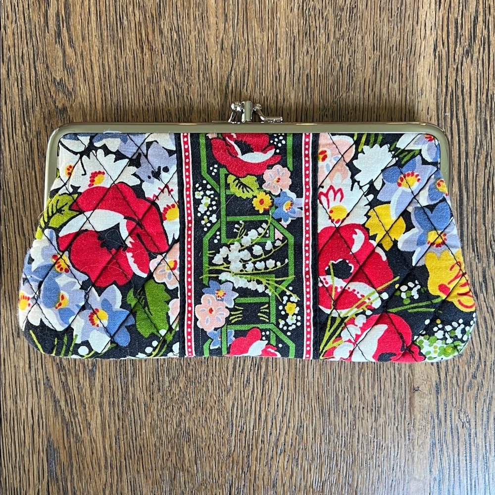 Vera Bradley quilted wristlet wallet, vibrant floral pattern, kiss-lock closure